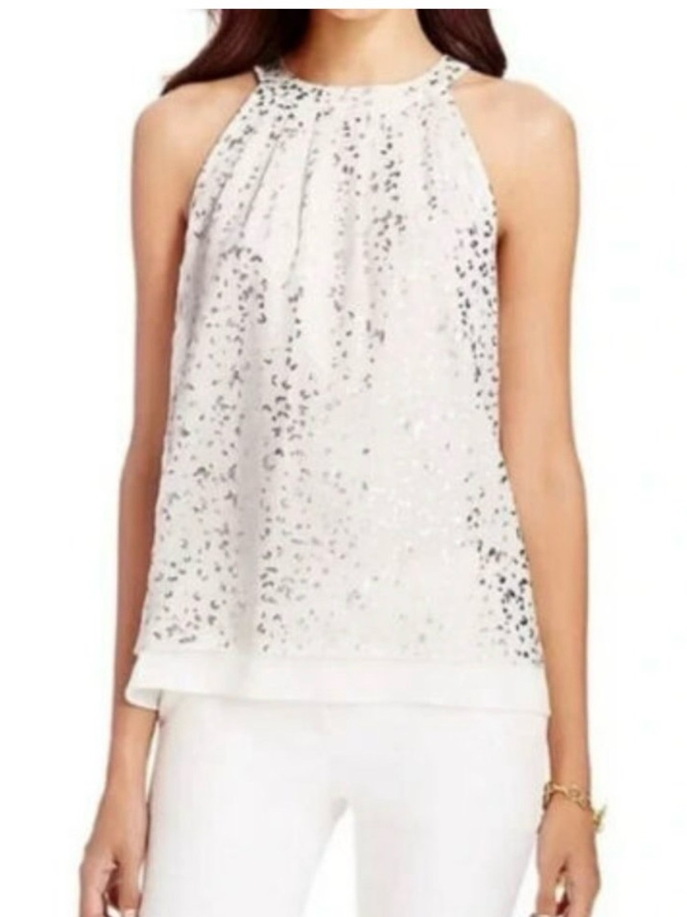 Diane von Furstenberg Parvay Flutter Foil Metallic Halter Blouse Top White 10